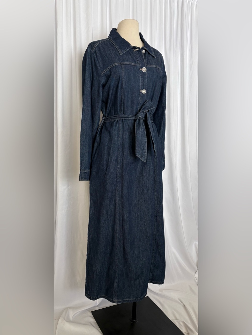 DKNY Dark Blue Denim Long-Sleeve Shirt Dress with Waist Tie NWOT - Picture 2 of 5